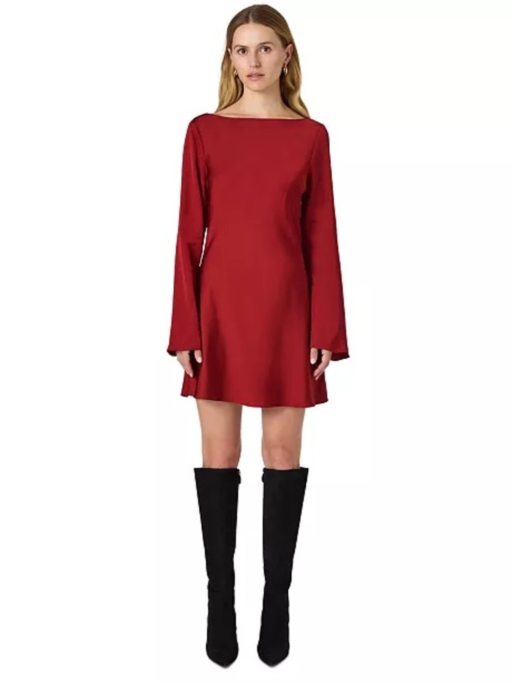 French Connection Ennis Satin Long Sleeve Mini Dress with Boat Neck